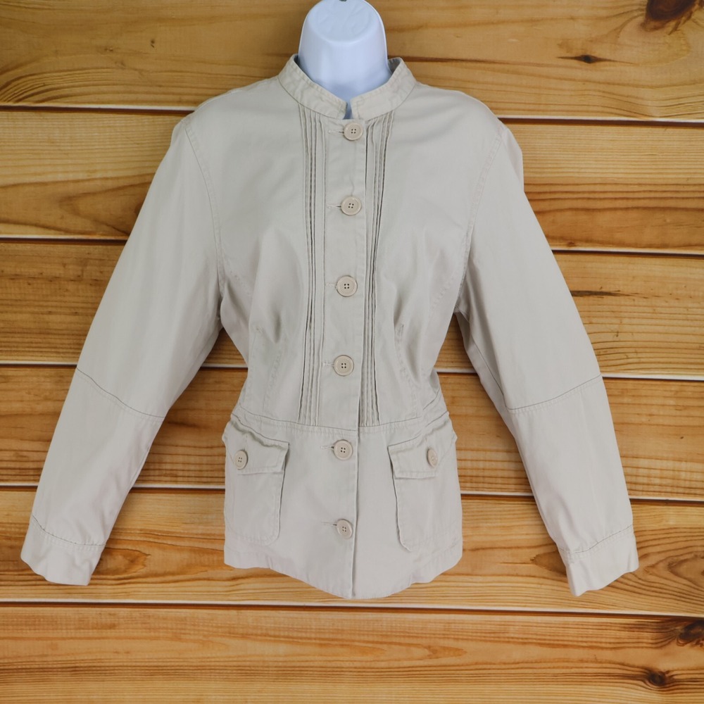 Venezia Button Up Jacket Womens 14/16 Beige 100% Cotton Pockets Pleated Accent‎